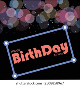 Plantilla de Vector de tarjeta de invitación de feliz cumpleaños. Texto de felicitación de cumpleaños en espacio de papel negro con bolas y banderines Elementos de decoración. Tarjeta de invitación de Ilustración vectorial. Archivo de Vector EPS. 