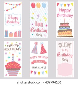 Happy Birthday Invitation Card.Birthday Greeting Card.Welcome Birthday Party,Banner,Party Hat,Frame,Birthday Cake,Cup Cake,Balloons,Vector illustration