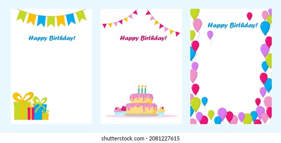 Happy birthday and invitation cards with cake, candles, gift boxes, balloons and  garlands. Colorful vector illustration