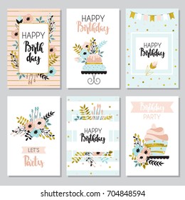 Happy birthday and invitation cards with flowers and cake. Illustration in vintage style, pastel colors, vector.