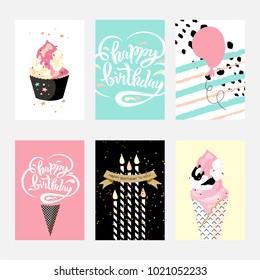 Happy Birthday invitation cards set. Happy Birthday text design in the form of ice cream. Fashion trendy illustration with lettering, cake, ice cream and air balloon. Happy Birthday party design.