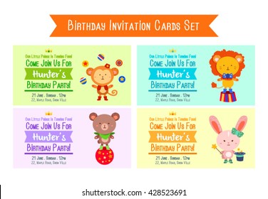 Happy Birthday Invitation Cards Set with Cute Animals two