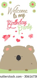 Happy birthday invitation with cute koala vector. Funny hand drawn koala illustration.