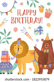 Happy Birthday invitation or greeting card decorated with cute animals, gift box and garlands. Flat vector cartoon childish illustration of festive postcard for kids party