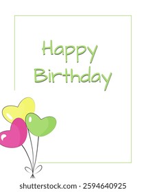 Happy birthday invitation or greeting card, with colorful heart shaped ballons, and text on it, isolated on white background