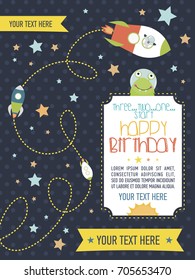 Happy Birthday invitation or greeting card for space party. Vector illustration