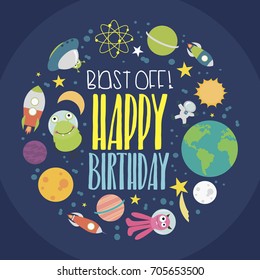 Happy Birthday invitation or greeting card for space party. Vector illustration