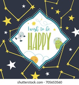 Happy Birthday invitation or greeting card for space party. Vector illustration