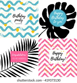 Happy Birthday invitation and greeting cards set. Vector hand lettering with pink watercolor abstract painted background. 