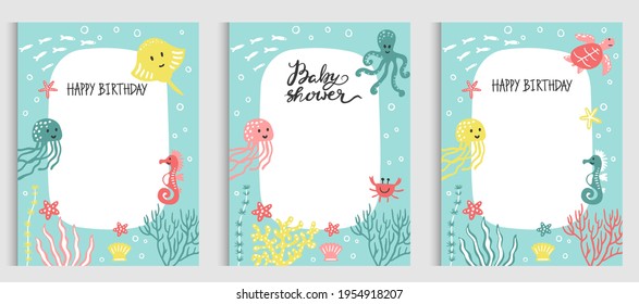 Feliz cumpleaños, invitación para fiestas o tarjetas de felicitación con sirena y vida marina. Ilustración del vector