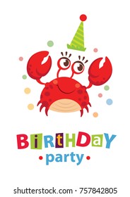 Happy Birthday invitation for party or greeting card with sea animals and sea life. Vector illustration