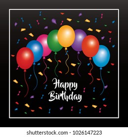 happy birthday invitation poster multicolored balloons confetti and black background
