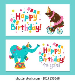 Happy birthday. The invitation to the birthday in the style of a circus show. Vector illustration.