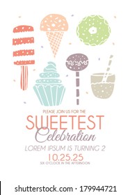 Happy Birthday Invitation with Sweets in Vector