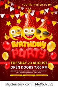 Happy Birthday Invitation Template design with cheerful characters of emoji, and festive accessories. Space for your text. Vector illustration.