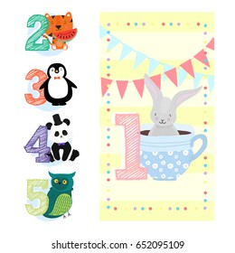 Happy birthday invitation template for one year with cute bunny