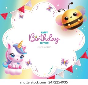 Happy birthday invitation vector template design.  Birthday greeting text in empty space with unicorn and bee cute characters for party invitation card template. Vector illustration birthday card 