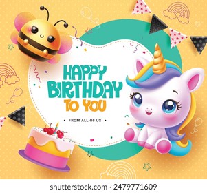 Happy birthday invitation vector template design. Birthday greeting text with cute bee, lovely unicorn and cake decoration elements for party invitation card design. Vector illustration birthday card 