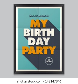 Happy birthday invitation, vintage retro poster background with paper texture, frame and colors editable.