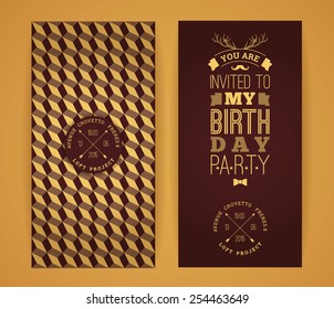 Happy birthday invitation, vintage retro background with geometric pattern. Hipster style. Vector illustration.