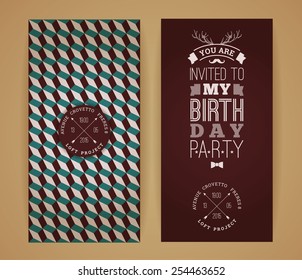 Happy birthday invitation, vintage retro background with geometric pattern. Hipster style. Vector illustration.
