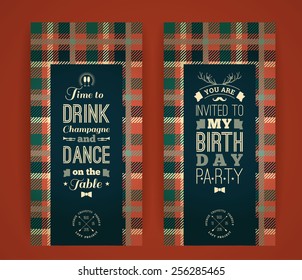 Happy birthday invitation, vintage retro background with plaid pattern. Hipster style. Vector illustration.