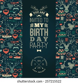 Happy birthday invitation, vintage retro background with hipster seamless pattern. Hipster style. Vector illustration.