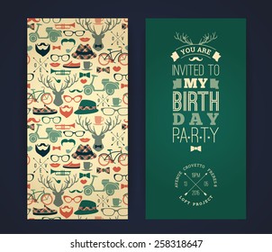 Happy birthday invitation, vintage retro background with hipster seamless pattern. Hipster style. Vector illustration.