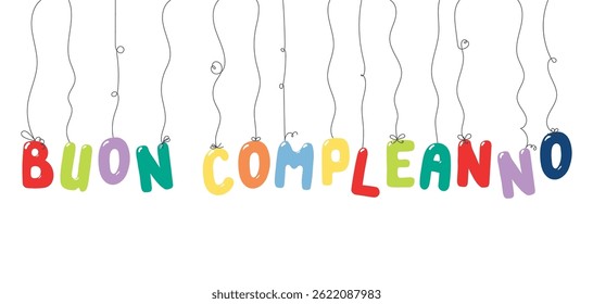 Happy Birthday Italian text, letter shaped balloons hanging, festive decorations, garland, isolated vector illustration on transparent. Holiday party, celebration, anniversary, card design element