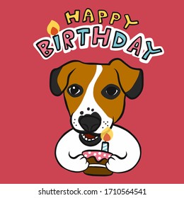 Happy Birthday Jack Russell and cake cartoon vector illustration