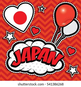 Happy Birthday JAPAN - Pop art fashion chic patches, badges, pins and stickers. Happy Independence Day .Vector Illustration with country flag.