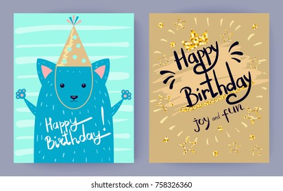 Happy Birthday joy and fun set of two colorful posters with congratulations. Vector illustration with blue fox in festive cap decorated by doodles