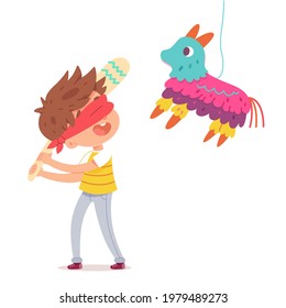 Happy birthday, kid celebrating at party with piñata. Cute child having fun vector illustration. Little boy smiling and hitting sweet toy at event isolated on white background.
