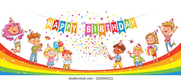 Happy Birthday. Kids celebrating with gift, cake confetti and balloons. Jumping have fun. Template for advertising brochure. Ready for your message. Funny cartoon character. Vector illustration