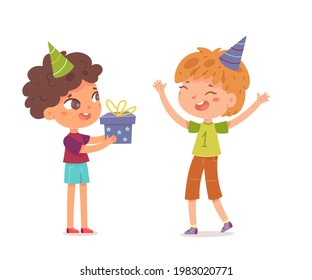 Happy birthday, kids celebrating at party with gifts. Cute children having fun vector illustration. Little boys smiling at event, giving present in box isolated on white background.