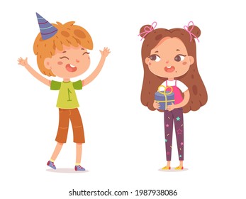 Happy birthday, kids celebrating at party with gifts. Cute children having fun vector illustration. Little boy smiling at event, girl giving present in box isolated on white background.
