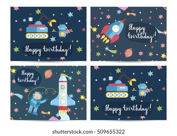 Happy birthday kids greeting card with cartoon space background. 