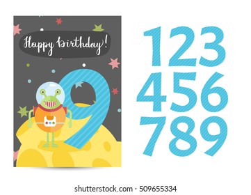Happy birthday kids greeting card with cartoon space background. Cartoon space party invitation on kids costumed party. Cosmic greeting card design. Kids greeting card template.