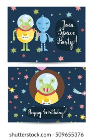Happy birthday kids greeting card with cartoon space background. 