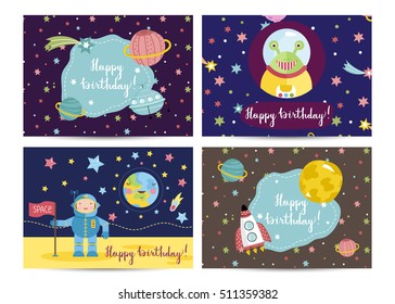 Happy birthday kids greeting card with cartoon space background. Cartoon space party invitation on kids costumed party. Cosmic greeting card design. Kids greeting card template. Greeting card layout.