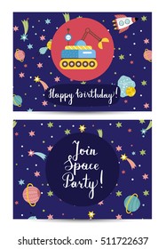 Happy birthday kids greeting card with cartoon space background. Cartoon space party invitation on kids costumed party. Cosmic greeting card design. Kids greeting card template. Greeting card layout.
