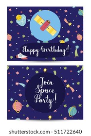 Happy birthday kids greeting card with cartoon space background. Cartoon space party invitation on kids costumed party. Cosmic greeting card design. Kids greeting card template. Greeting card layout.
