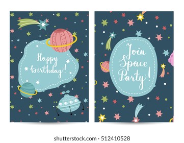 Happy birthday kids greeting card with cartoon space background. Cartoon space party invitation on kids costumed party. Cosmic greeting card design. Kids greeting card template. Greeting card layout.