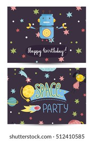 Happy birthday kids greeting card with cartoon space background. Cartoon space party invitation on kids costumed party. Cosmic greeting card design. Kids greeting card template. Greeting card layout.