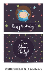 Happy birthday kids greeting card with cartoon space background. Cartoon space party invitation on kids costumed party. Cosmic greeting card design. Kids greeting card template. Greeting card layout.