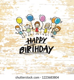 Happy birthday with kids on wooden background. Vector illustration drawn by hand.