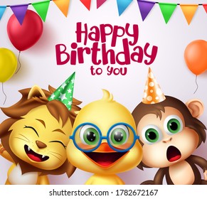 Happy birthday kids party animals costume character vector design. Happy birthday to you greeting text with cute animal friends characters and colorful party elements like pennants and balloons.