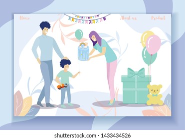 Happy Birthday Kids Party. Cheerful Mother and Father Presenting Festive Cake and Gift to Little Son in Decorated Room with Balloons, Family Fun. Cartoon Flat Vector Illustration, Horizontal Banner