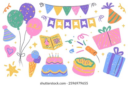 Happy birthday kids party event hand drawn colorful crayon decorative elements isolated set. sweet cakes and ice-cream desserts, gift boxes, festive flag garland and firecrackers vector illustration