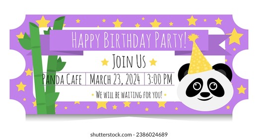 Happy birthday kids party tickets with cartoon panda, bamboo, stars. Invitations to children's birthday party for boy or girl. Purple ticket templates isolated on white background.	